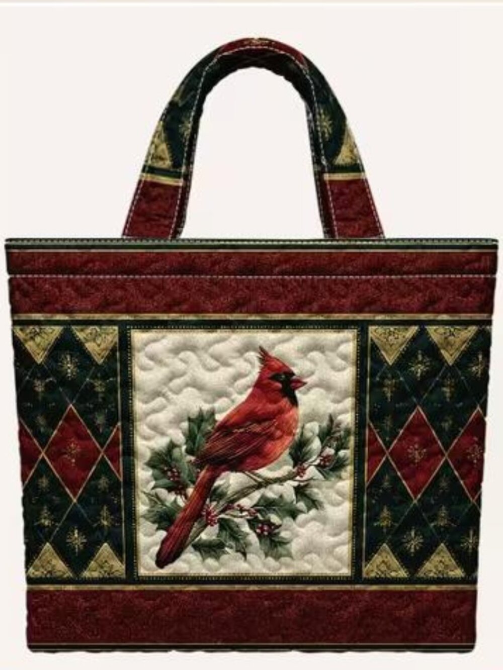 QUILTED CARDINAL IN HOLLY TOTE